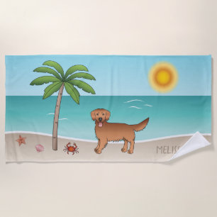 Red Golden Retriever At A Tropical Summer Beach - Beach Towel