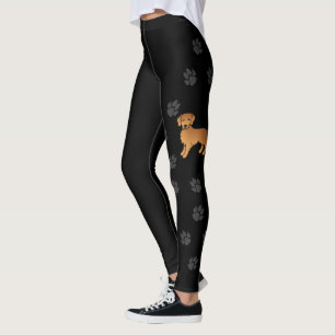 Red Golden Retriever Cartoon Dog & Paws Black Leggings