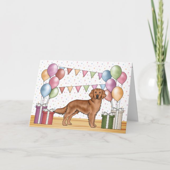 Red Golden Retriever Colourful Pastel Birthday Card (Front)