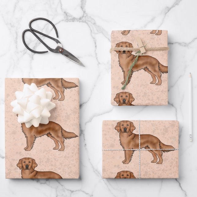 Red Golden Retriever Cute Cartoon Dog Pattern Wrapping Paper Sheet (Front)