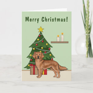 Red Golden Retriever Dog And Green Christmas Tree Card