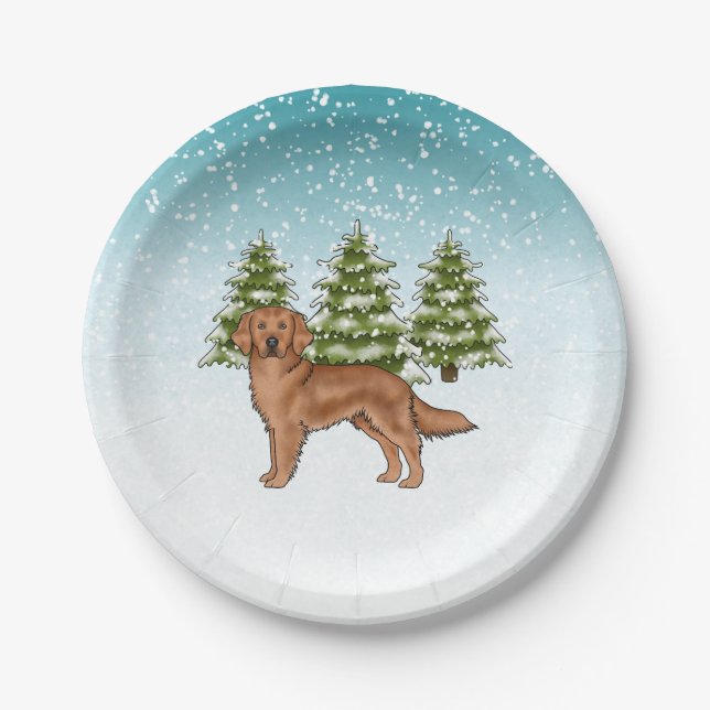 Red Golden Retriever Dog Blue Winter Christmas Paper Plate (Front)