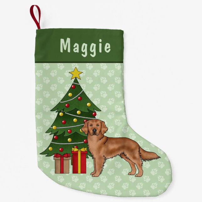 Red Golden Retriever Dog With Christmas Tree Small Christmas Stocking (Front)