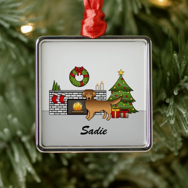 Red Golden Retriever In Festive Room & Name Metal Ornament (Tree)