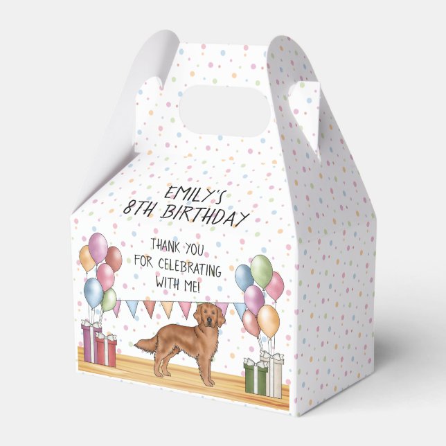Red Golden Retriever Kids Birthday Thank You Favor Box (Front Side)