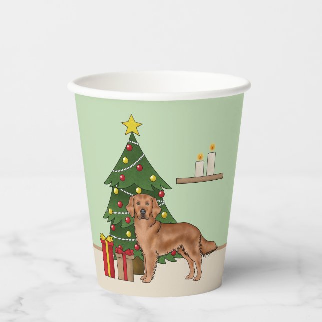 Red Golden Retriever With Christmas Tree Green Paper Cups (Front)