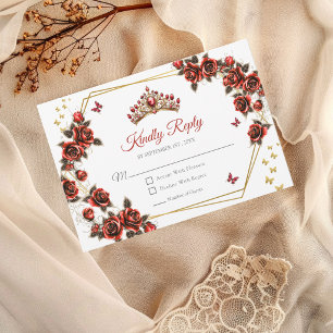 Red Golden Roses Tiara Butterflies Quinceañera RSVP Card