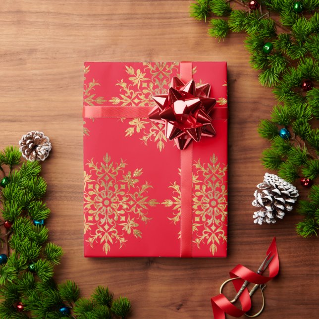 Red Golden Snowflakes - Christmas Cute Wrapping Paper (Holiday Gift)
