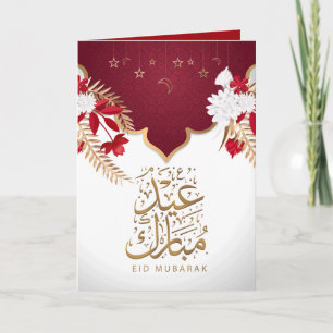 Red Golden Star Moon Arabic Calligraphy Floral Eid Card