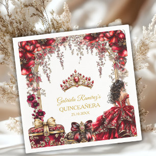 Red Golden Tiara Floral Quinceañera Napkin