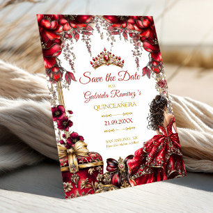 Red Golden Tiara Floral Quinceañera Save The Date