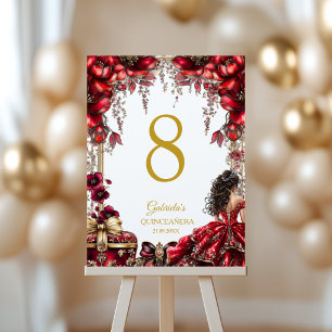 Red Golden Tiara Floral Quinceañera Table Number