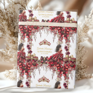 Red Golden Tiara Floral Quinceañera Wrapping Paper