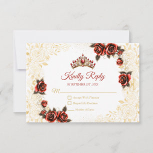 Red Golden Tiara Floral Rose Quinceañera RSVP Card