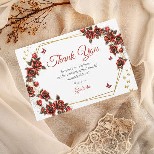 Red Golden Tiara Roses Butterflies Quinceañera Thank You Card