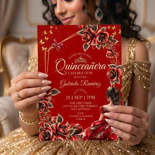 Red Golden Tiara Roses Butterfly Quinceañera Invitation