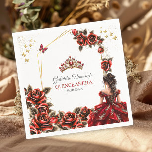 Red Golden Tiara Roses Quinceañera Napkin
