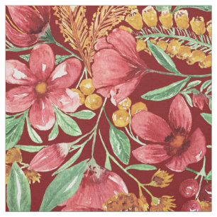 Red Golden Yellow Green Watercolor Flowers Pattern Fabric
