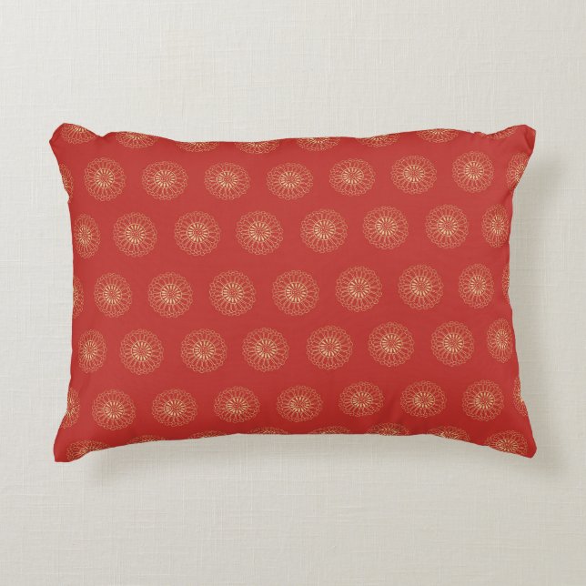 Red | Golden Zinnia Flower Medallions Accent Pillow (Front)