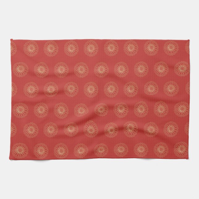Red | Golden Zinnia Flower Medallions Kitchen Towel (Horizontal)