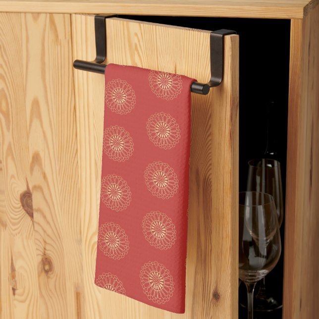 Red | Golden Zinnia Flower Medallions Kitchen Towel (Thirds Fold)