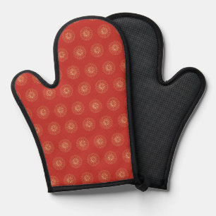 Red Golden Zinnia Flower Medallions Oven Mitt