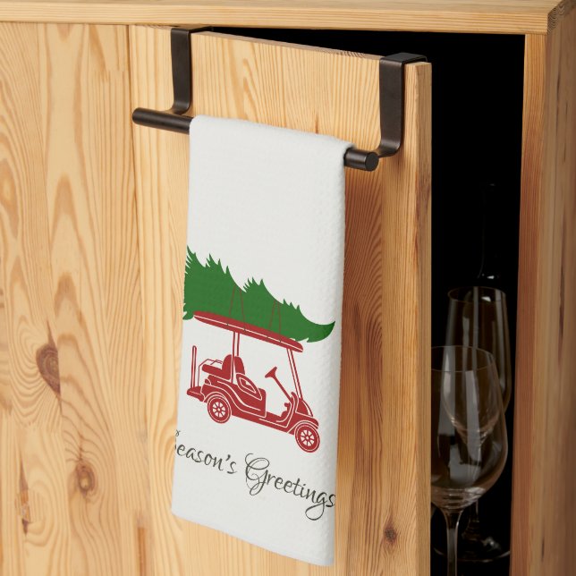 Red Golf Cart with Christmas Tree | Alabaster Kitchen Towel (Thirds Fold)