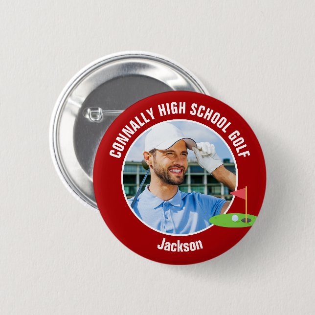 Red Golfer Photo High School Golf Team 2 Inch Round Button (Front & Back)