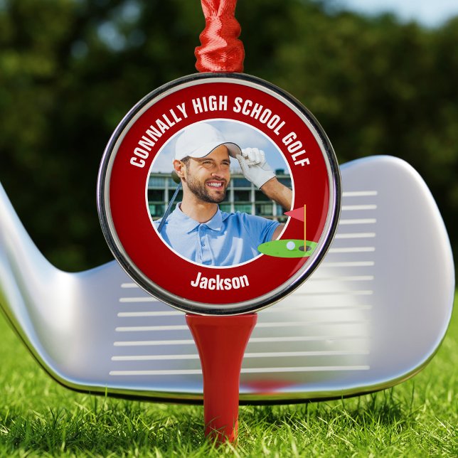 Red Golfer Photo High School Golf Team Christmas Metal Ornament (Creator Uploaded)