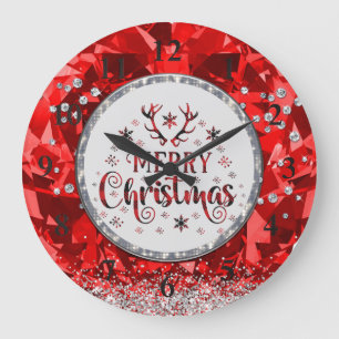 Red Gorgeous Emerald Merry Christmas Large Clock
