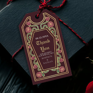 Red Gothic Coffin Rose Wedding Thank You Gift Tags
