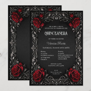 Red Gothic Halloween Floral Quinceanera Invitat Invitation