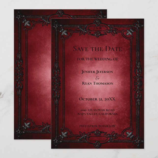 Red Gothic Halloween wedding save the date Announcement (Front/Back)