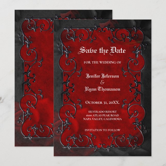 Red Gothic halloween wedding save the date Announcement (Front/Back)