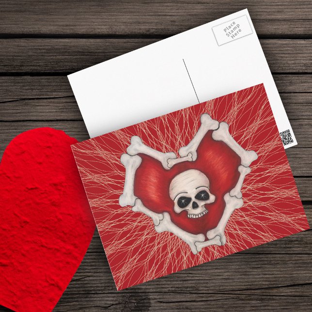 Red Gothic Heart With Bones White Skull on Lines Postcard (Gothic red heart outlined in white bones with skull on red with spidery lines on postcard.)