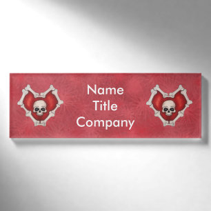 Red Gothic Hearts of Bones Skull on Starbursts Name Tag