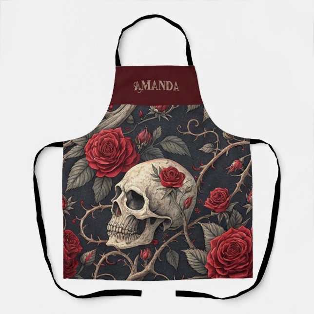 Red Gothic Skull Roses Apron (Front)