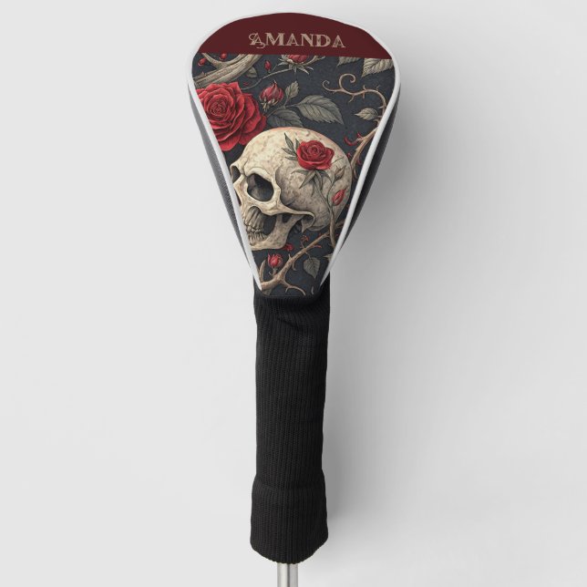 Red Gothic Skull Roses Golf Head Cover (Front)