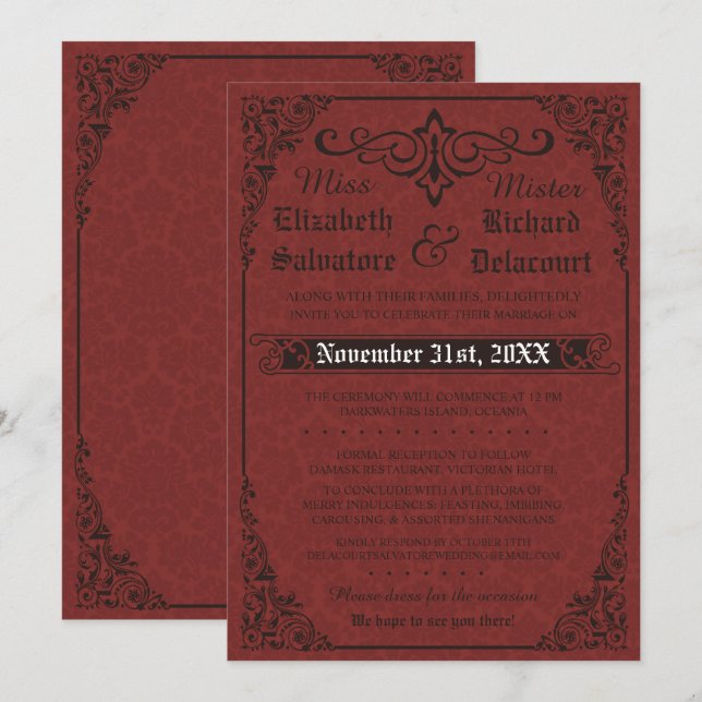 Red Gothic Victorian Damask Wedding Invitation (Front/Back)