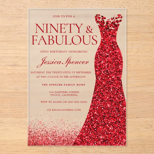Red Gown 90th Birthday Party Acrylic Invitations (Front)