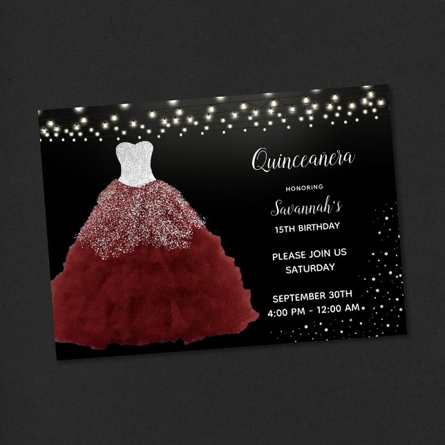 Red Gown String Lights Quinceanera Invitation (Creator Uploaded)