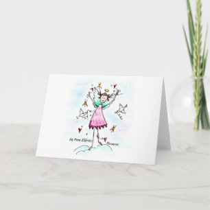 Red Gowned Angel bringing Hearts with Peace Doves Card