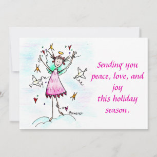 Red Gowned Angel bringing Hearts with Peace Doves Holiday Card