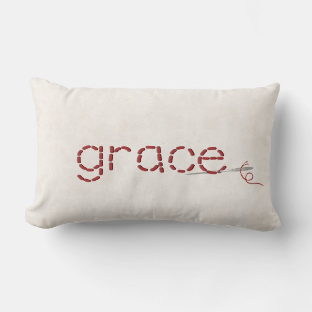red GRACE text stitch with needle Lumbar Pillow (Front)