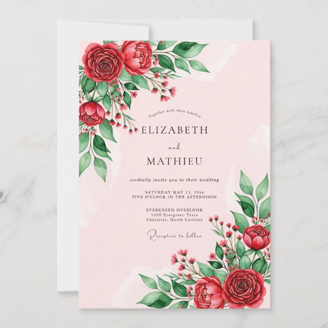 Red Graceful Floral Wedding Invitation (Front)