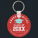 red grad keychain with name and class year<br><div class="desc">A stylish red graduation design,  personalized with your name,  class grad year and High School or University name... </div>