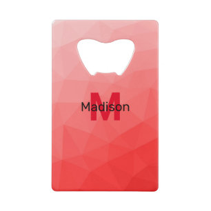 Red gradient geometric mesh pattern Monogram Credit Card Bottle Opener