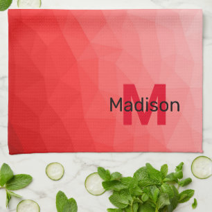 Red gradient geometric mesh pattern Monogram Kitchen Towel