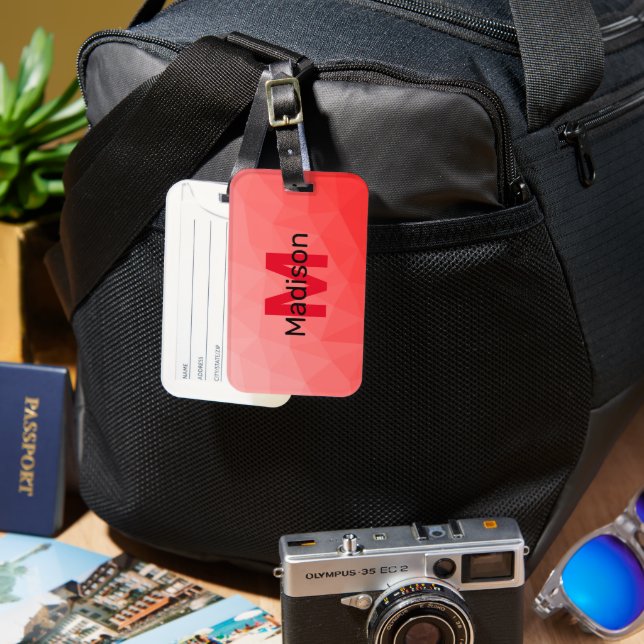 Red gradient geometric mesh pattern Monogram Luggage Tag (Front & Back)