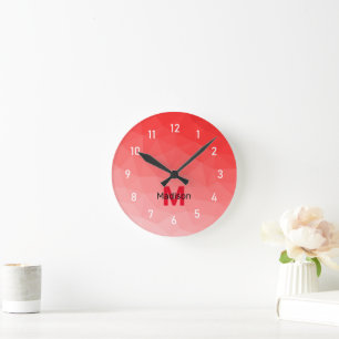 Red gradient geometric mesh pattern Monogram Round Clock